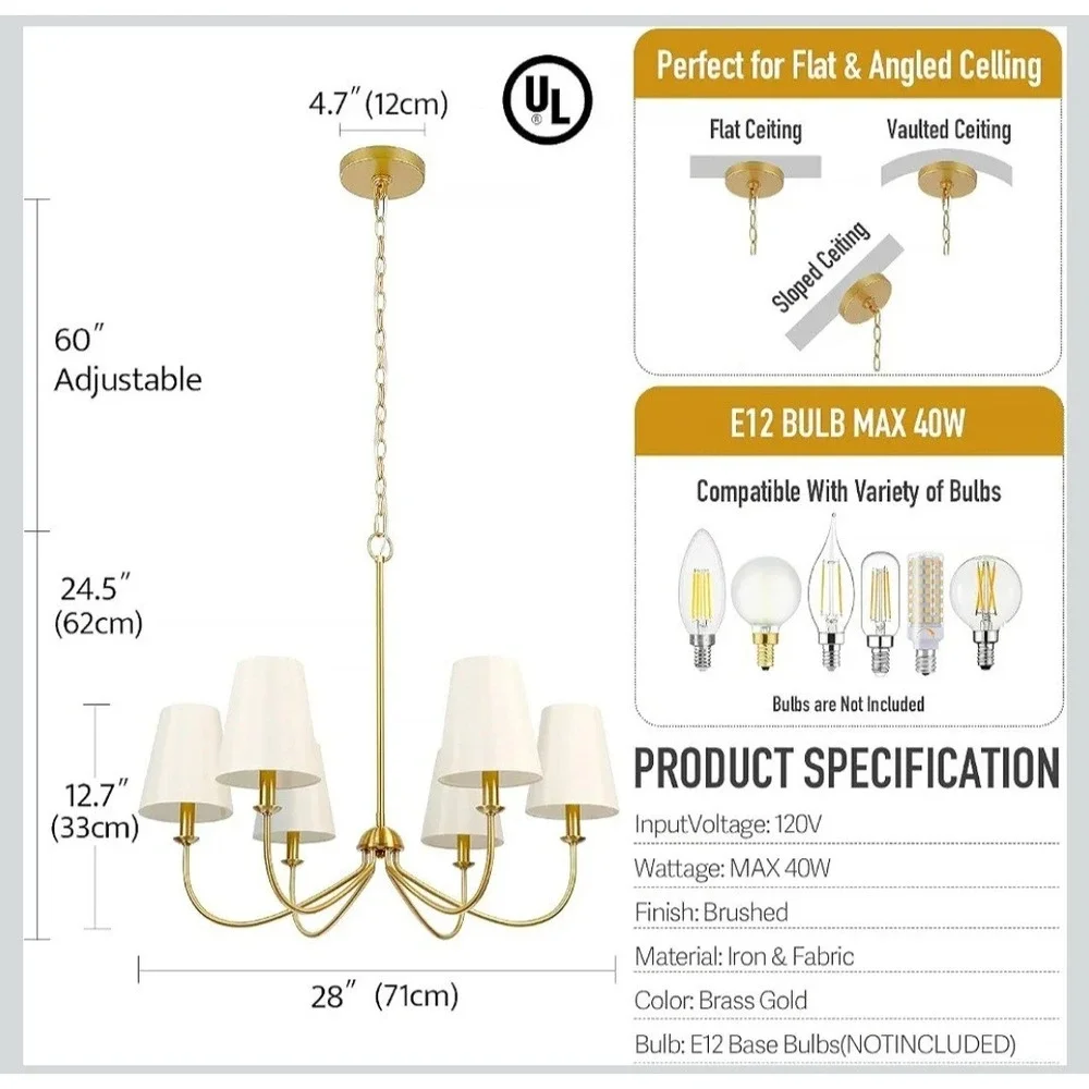 Gold Chandelier, Brushed Brass with Beige Fabric Shade, 6-Light 28
